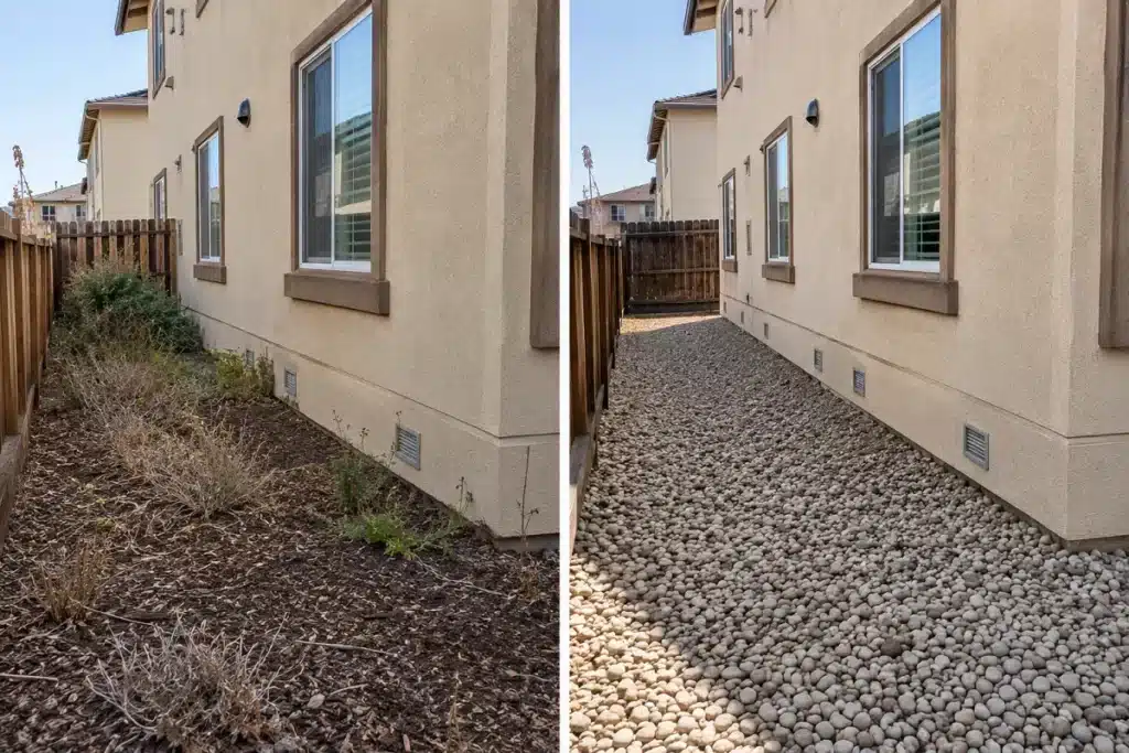 Before and after California Zone 0 wildfire mitigation around HOA residential building