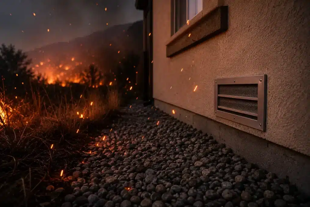 Wind-driven embers near ember-resistant vent and noncombustible Zone 0 perimeter