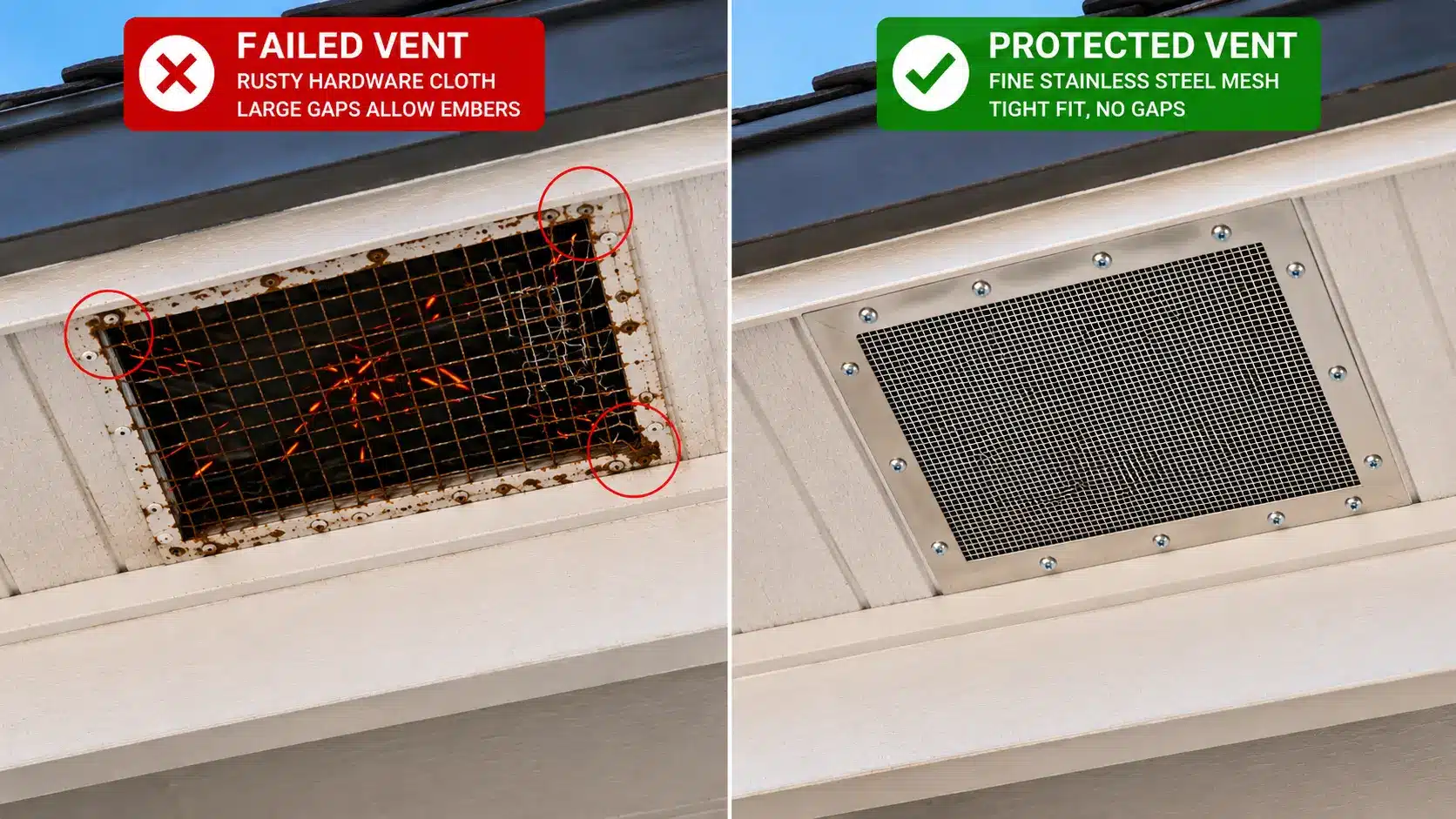 failed vs protected soffit vent comparison