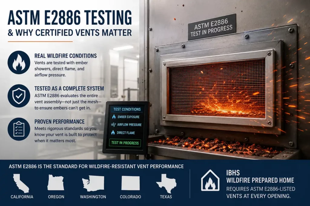 ASTM E2886 testing evaluates ember resistant vents under simulated wildfire conditions for ember intrusion and flame exposure.