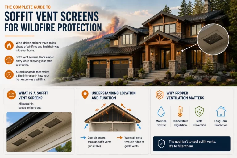 Complete guide to soffit vent screens for wildfire protection, showing ember-resistant soffit vents, wildfire home hardening features, and proper roof ventilation.