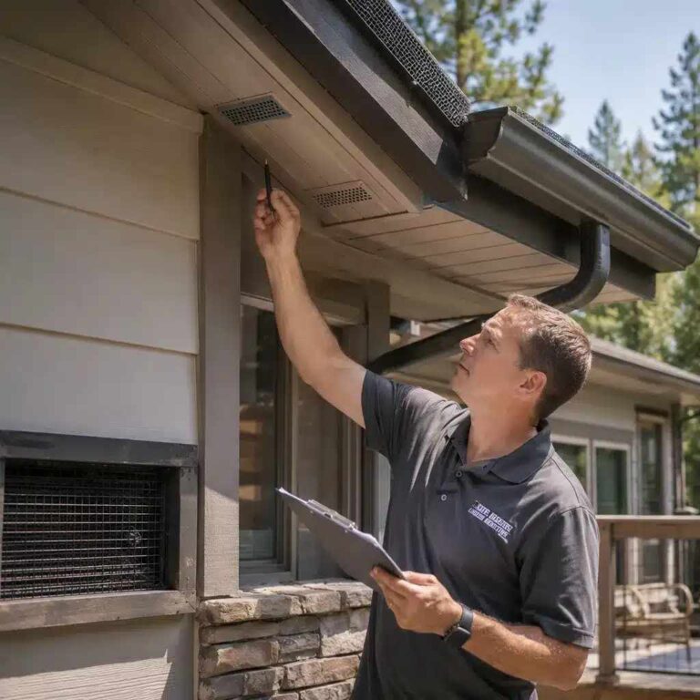 wildfire mitigation contractor pointing at eave underside vents
