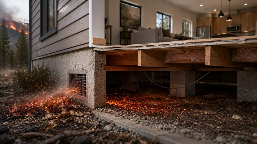 Cutaway view showing embers entering a crawl space through an unprotected foundation vent screen beneath a home.