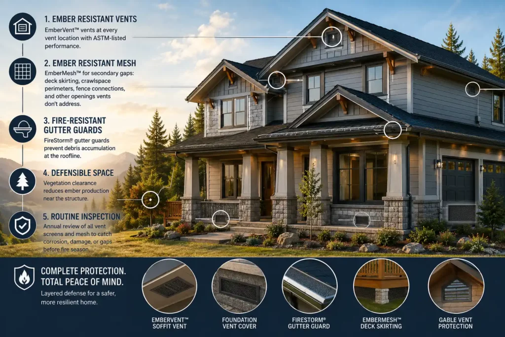Ember resistant vents installed throughout a wildfire-hardened home, including soffit, gable, foundation, and roof vents for complete wildfire protection.