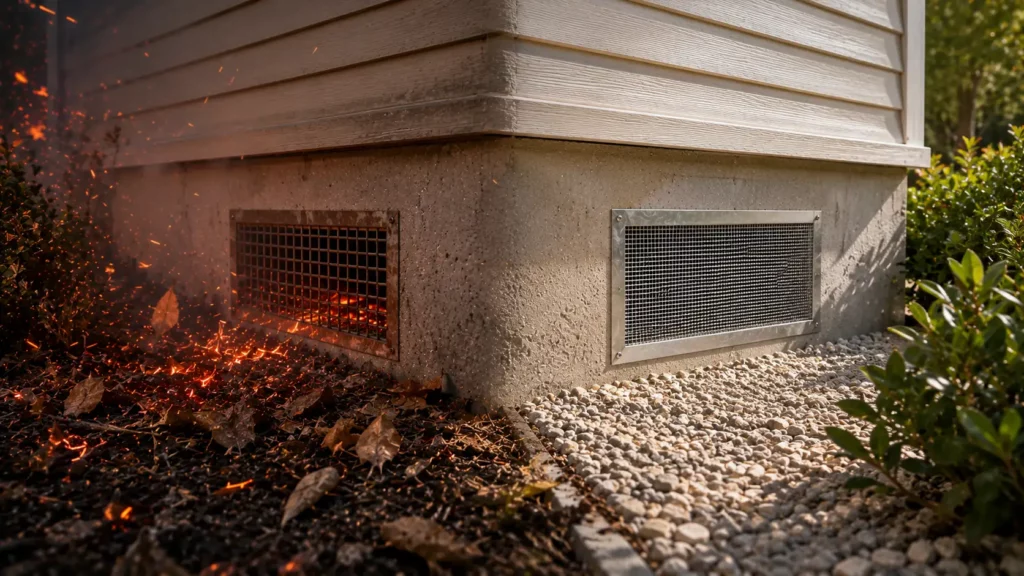 Traditional foundation vent screen exposed to wind-driven embers collecting near the crawl space during a wildfire.