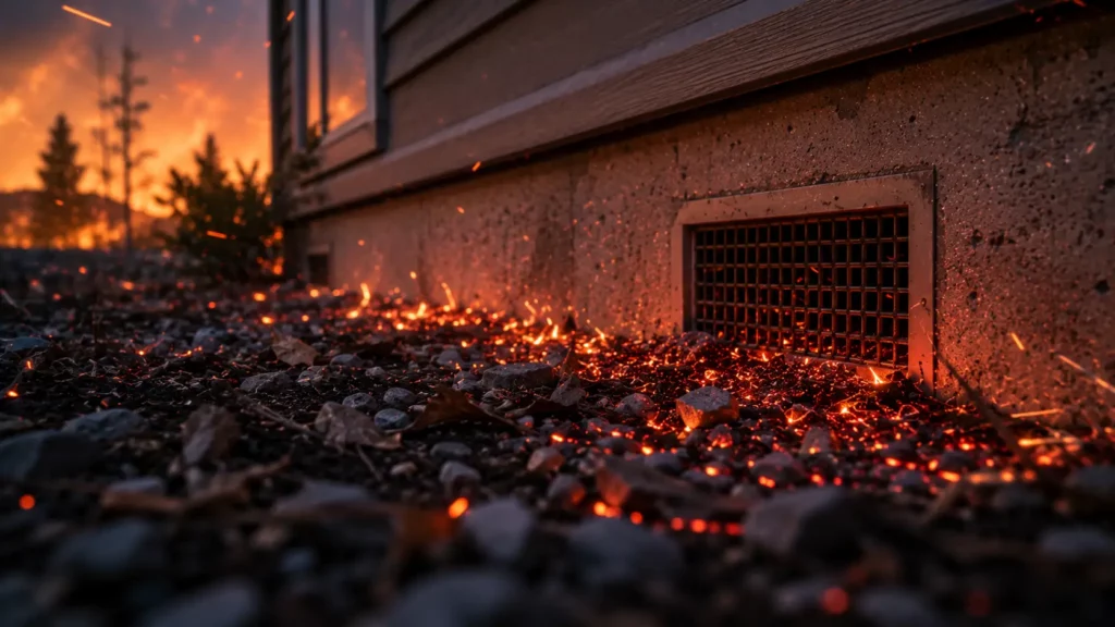 Glowing embers accumulating around a residential foundation vent screen, illustrating the ground-level wildfire ember threat.