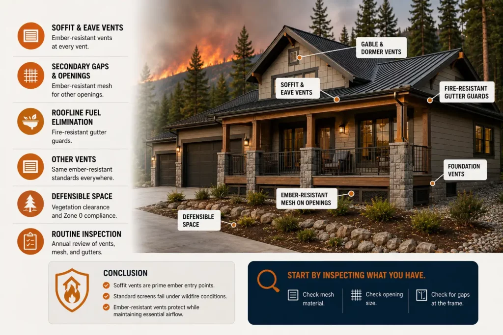 Wildfire-hardened home featuring ember-resistant soffit vents, foundation vents, gutter guards, ember-resistant mesh, and defensible space as part of a complete wildfire defense strategy.