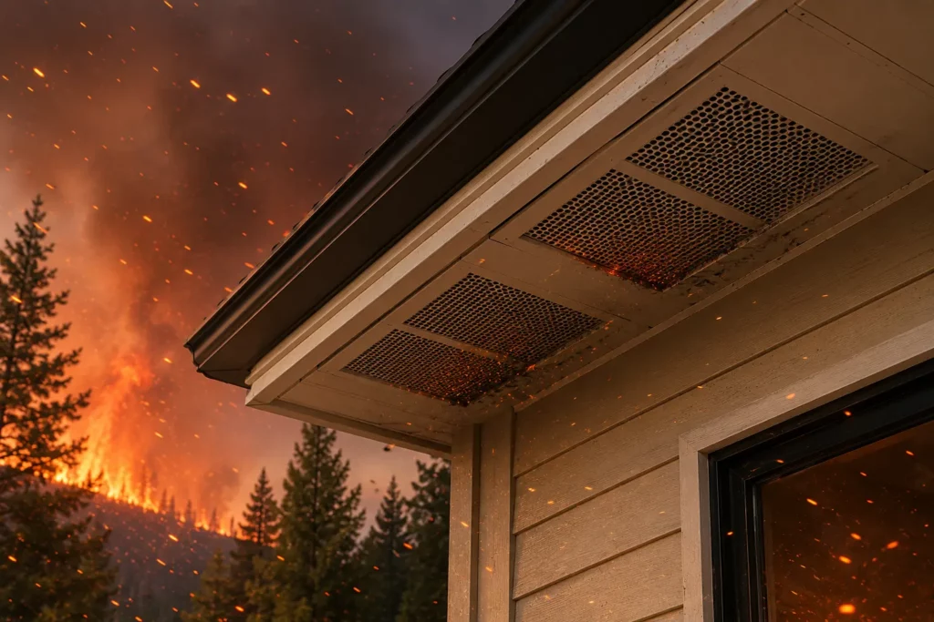 Wind-driven embers collecting around soffit vent screens beneath roof eaves during a wildfire, highlighting ember intrusion risk.