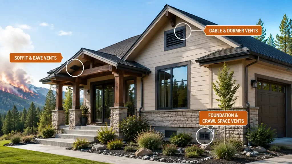 Types of ember resistant vents installed on soffit, gable, dormer, and foundation openings to improve wildfire home hardening.