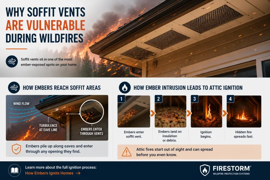 Illustration showing how wind-driven embers enter soffit vent screens and increase the risk of hidden attic ignition during wildfires.