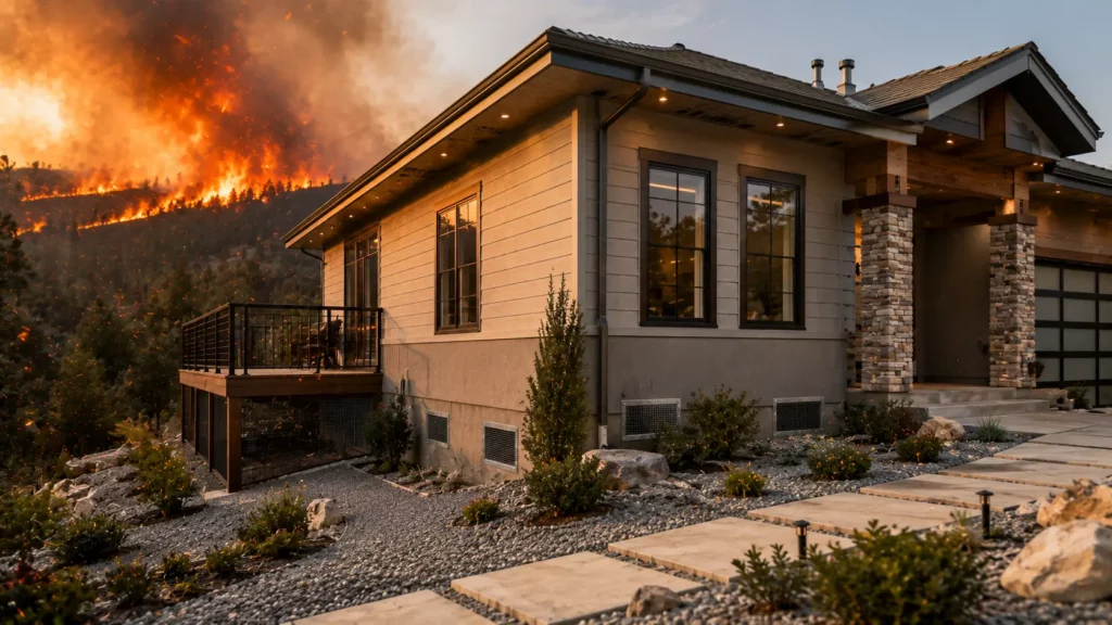 Wildfire-hardened home featuring ember-resistant foundation vent protection, defensible space, and wildfire-ready exterior upgrades.