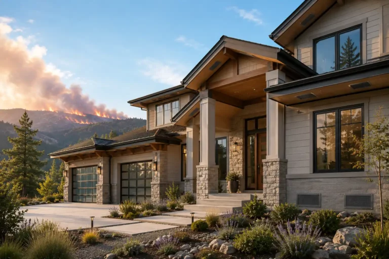 Wildfire-hardened home featuring ember resistant vents, fire-resistant construction materials, and a layered wildfire defense strategy.