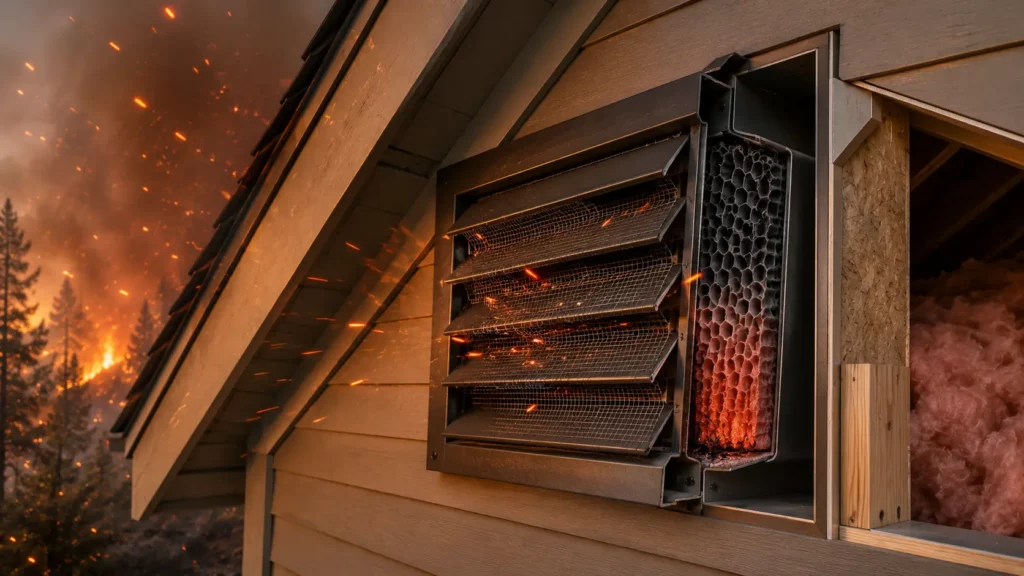 Ember-resistant gable vent protecting a home from wind-driven wildfire embers