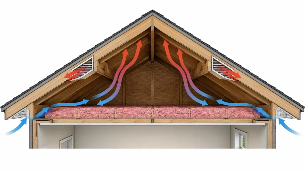 Gable vent attic ventilation diagram showing airflow through soffit and gable vents