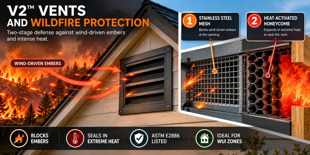V2 Vents showing stainless steel mesh and heat-activated honeycomb wildfire protection