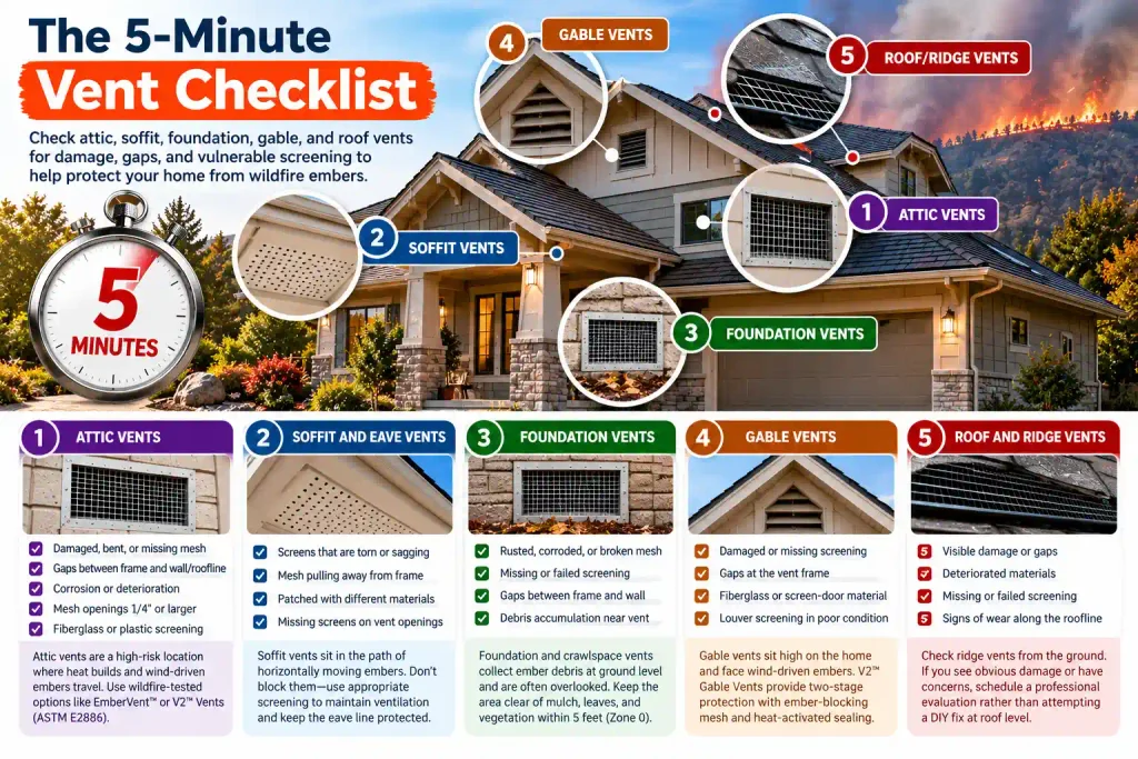 Five-minute vent inspection checklist showing the main ventilation openings to check for wildfire ember vulnerabilities