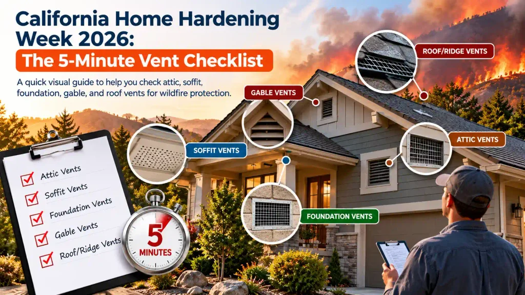 California home-hardening vent checklist showing attic, soffit, gable, foundation, and roof vents to inspect for ember entry risks