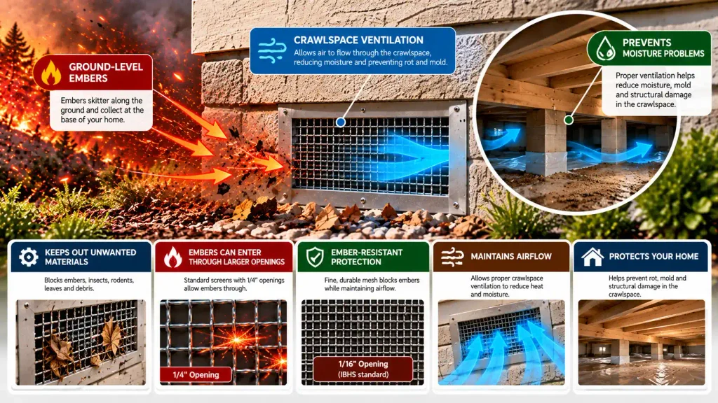 Foundation and crawlspace vent screens that help protect low-level ventilation openings from debris and wildfire embers.