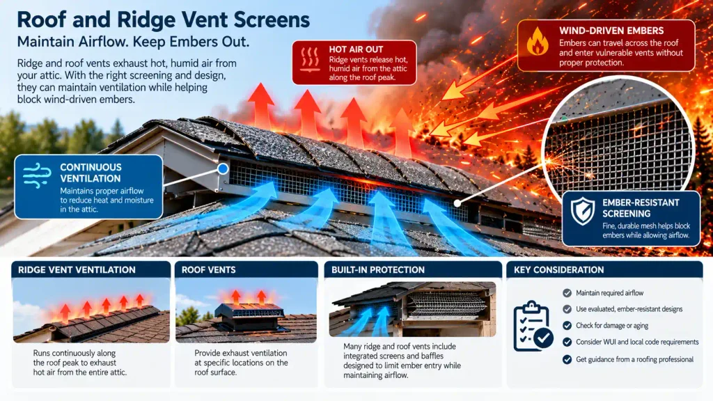 Roof and ridge vent screening considerations for maintaining attic exhaust airflow and reducing ember entry risk.