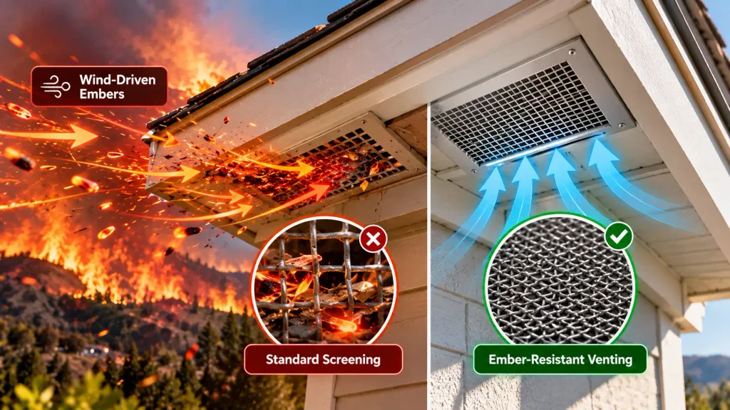 Comparison of standard soffit vent screening and ember-resistant vent mesh for wildfire protection and attic ventilation