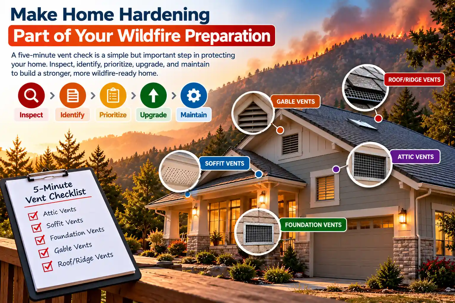 Five-minute wildfire vent checklist for inspecting attic, soffit, foundation, gable, and roof vents during home hardening