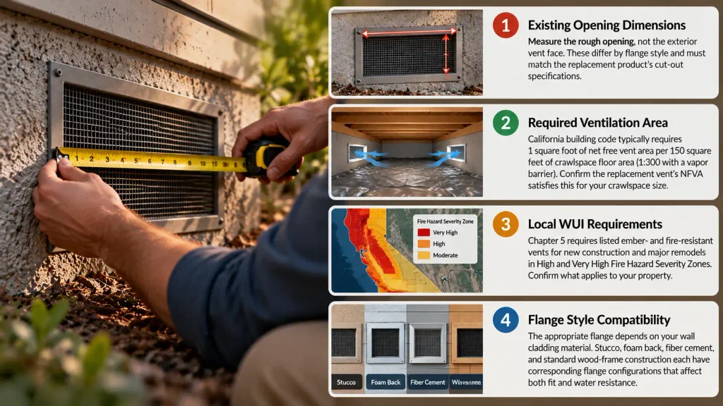 Foundation vent inspection checklist showing opening dimensions, crawlspace ventilation requirements, WUI codes, and flange compatibility