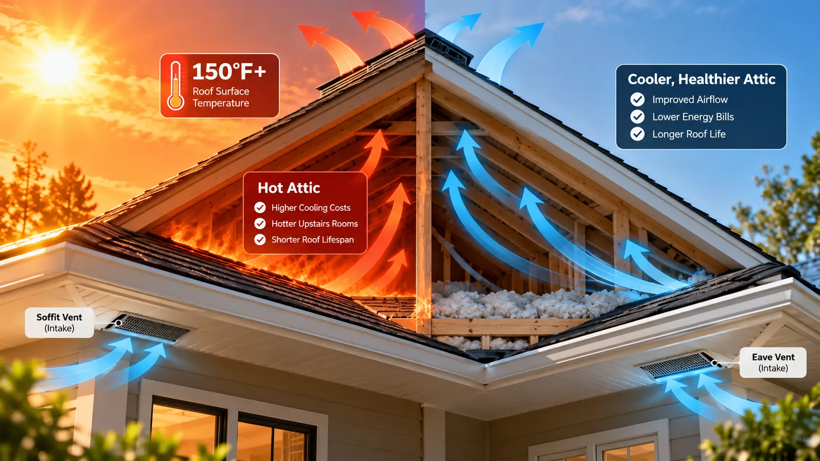 Illustration comparing an overheated attic with improved airflow from properly functioning soffit intake and roof exhaust vents