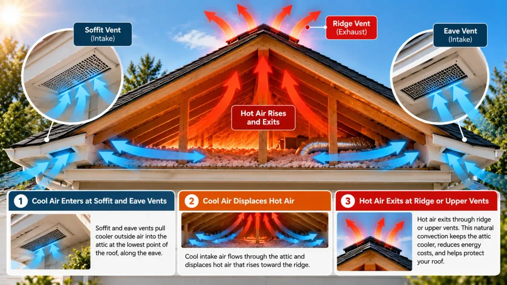 How soffit and eave vents support attic airflow by bringing in cooler outside air as hot air exits through upper vents