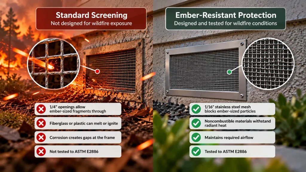 Comparison of standard foundation vent screening and ember-resistant stainless steel mesh for wildfire protection