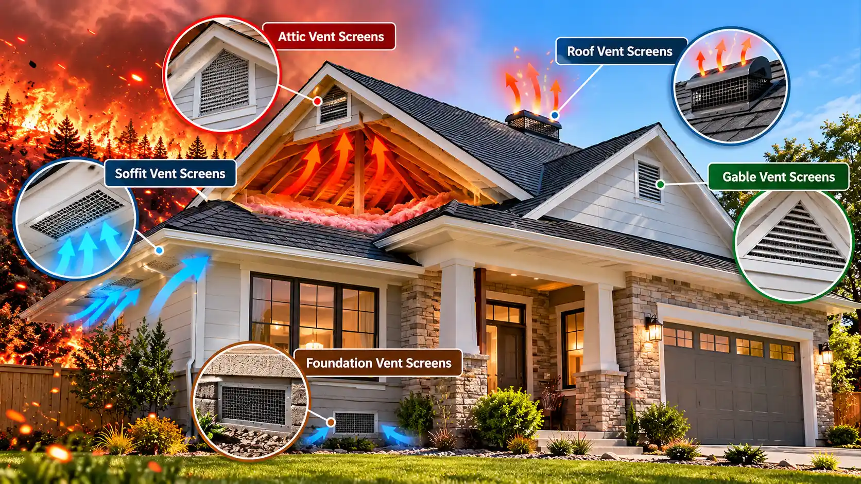 Home vent screens for wildfire protection across attic, soffit, foundation, and roof ventilation openings