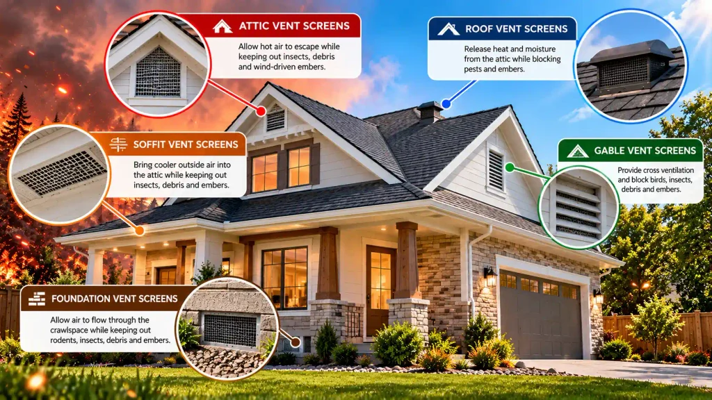Whole-home vent screen strategy covering attic, soffit, gable, foundation, and roof vents in wildfire-prone areas.