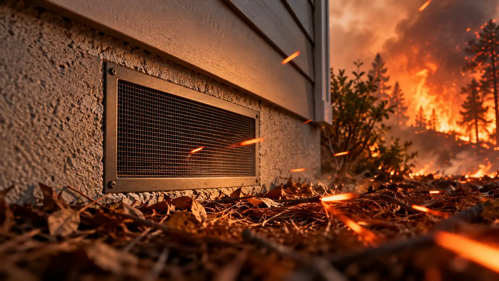 Ground-level foundation vent surrounded by dry leaves and exposed to wind-driven embers during a wildfire