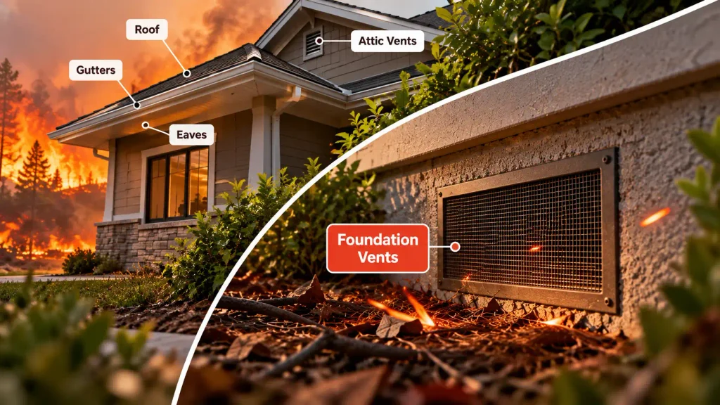 House showing foundation vents exposed to wind-driven embers alongside roof, gutter, eave, and attic vent vulnerabilities