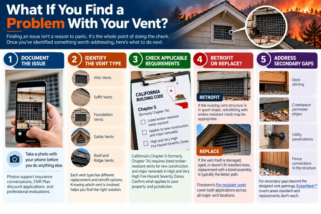Wildfire vent inspection guide illustrating damaged screening, gaps, and other vent problems homeowners should identify